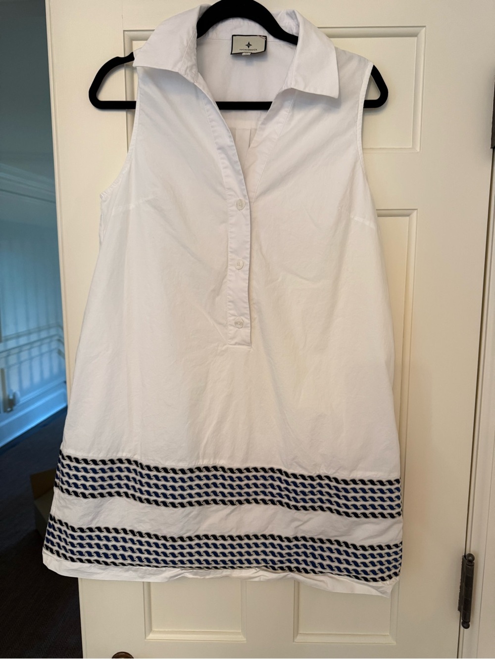 White Sleeveless Collared Shift Dress with Navy Embroidered Stripes - Tuckernucj - Picture 6 of 7